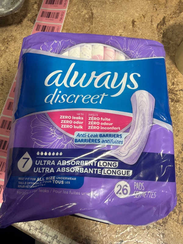 Photo 1 of **ONLY 26**Always Discreet Adult Incontinence Pads for Women, Drier, 7 Drop Long Length, Ultra Absorbency, Pads for Bladder Control Management, Bladder Leaks, Overnight & Postpartum Pads, 104ct