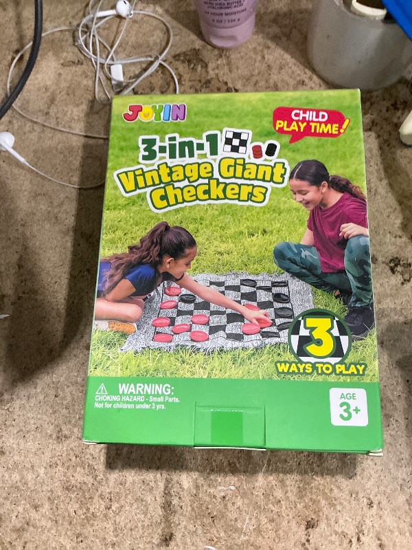 Photo 1 of (missing black checkers) 3-in-1 Vintage Giant Checkers, Tic, Tac, Toe, with Reversible Mat, 24 Chips, Family Board Game, Lawn Game, BBQ Party Favor, Indoor and Outdoor Activity for Kids and Adults