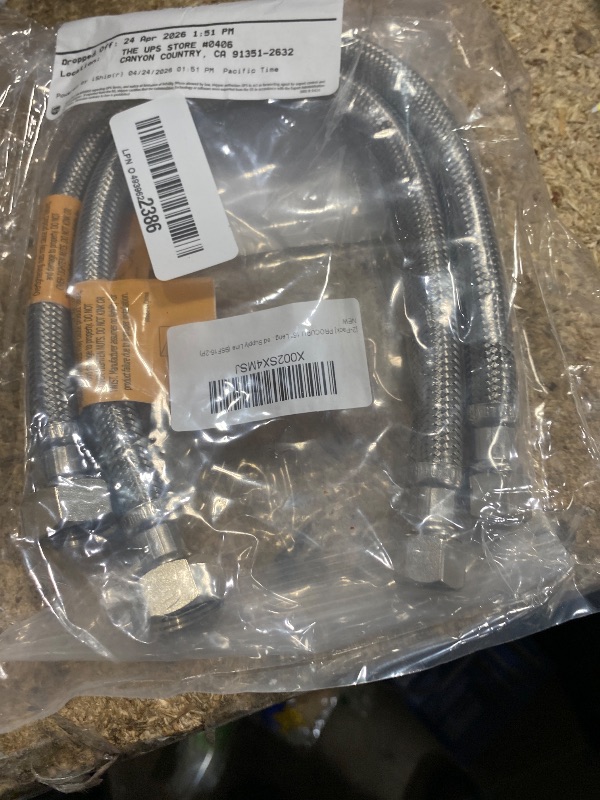 Photo 1 of [2-Pack] PROCURU 16-Inch (1.3Ft) x 3/8" Comp x 1/2" FIP Faucet Hose Connector, Stainless Steel Braided Supply Line, Certified Safe (9SF16-2P)