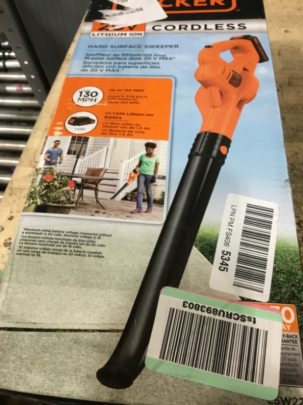 Photo 1 of (unfunctional batteries) BLACK+DECKER Cordless Leaf Blower with Battery and Charger 20V MAX, Electric Leaf Blower 130 mph Air Speed, Lightweight Design (LSW221)