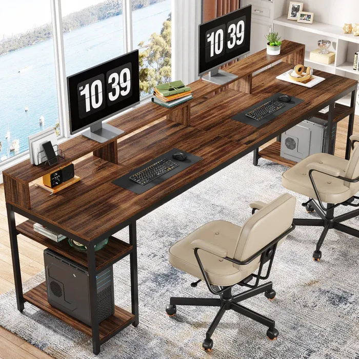 Photo 1 of Two Person Desk, 78.7" Computer Desk With Monitor Stand and 4 Open Shelf