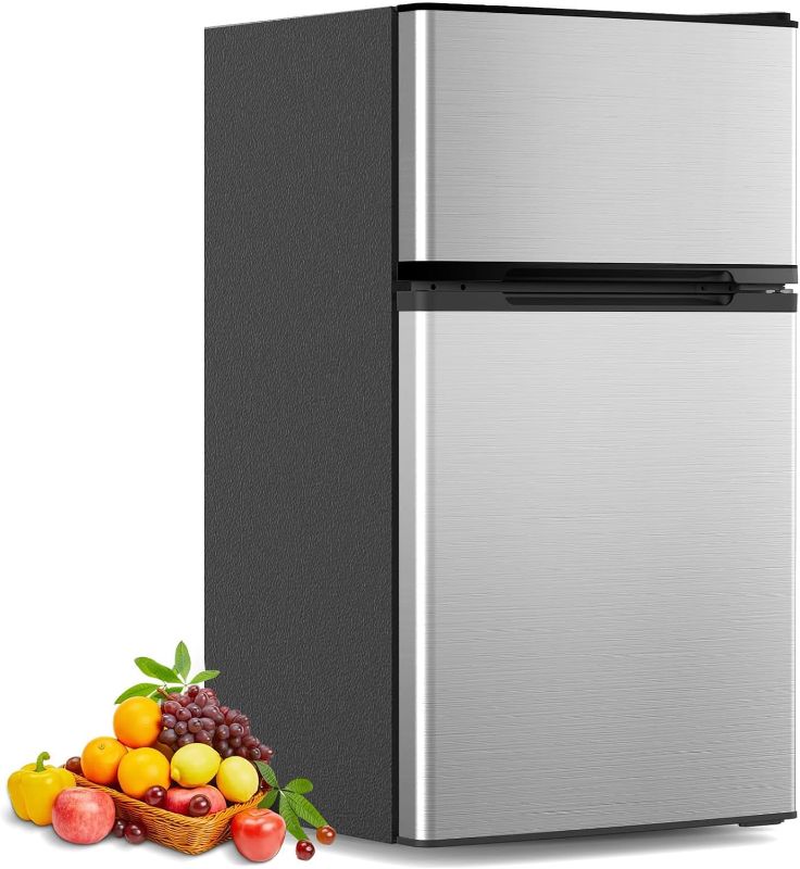 Photo 1 of COWSAR 3.2 Cu.Ft Fridge with Freezer, Double Door Compact Refrige for Bedroom, Adjustable Thermostat, Energy-efficient Low Noise Small Refrigerator For Dorm, Office, Bar, RV, Commercial,Silver (sealed) 
