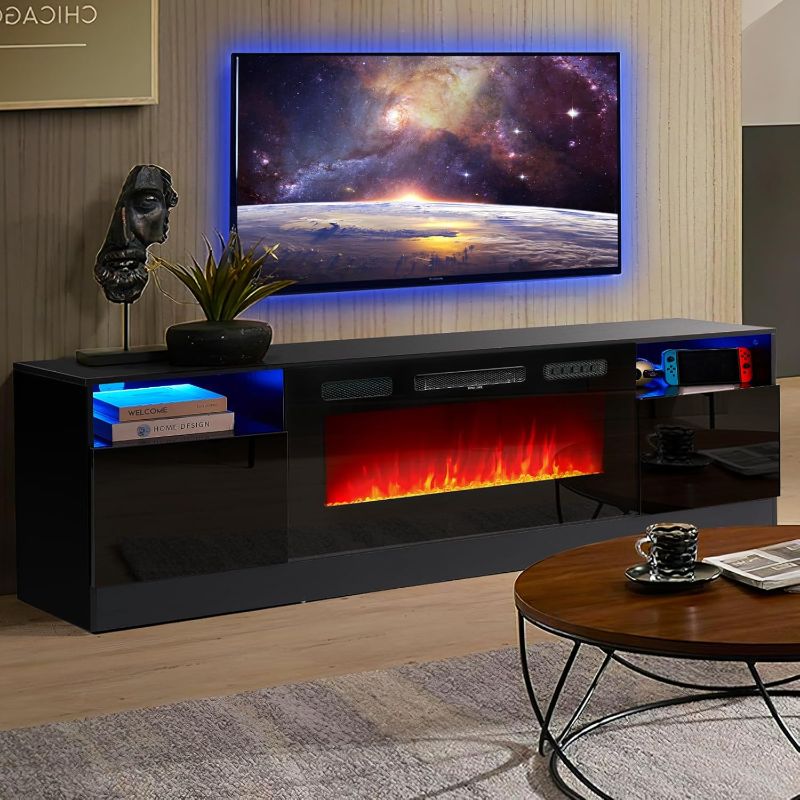 Photo 1 of oneinmil Fireplace TV Stand with 36" Electric Fireplace, LED Light Entertainment Center, Modern Wood Texture Entertainment Stand with Highlight Storage Cabinet for TVs Up to 80", 70 inches, Black (box 1 of 2, PARTIAL SET INCOMPLETE) 
