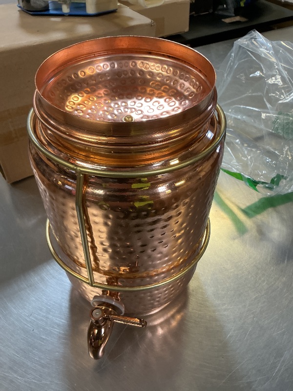 Photo 1 of Pure Copper Hammered Water Dispenser Storage Water Tank with Tap and set of 3Copper Glass | Water Pot | Cooper Water Storage Tank | 6.5 Ltr Capacity | 218 Oz
