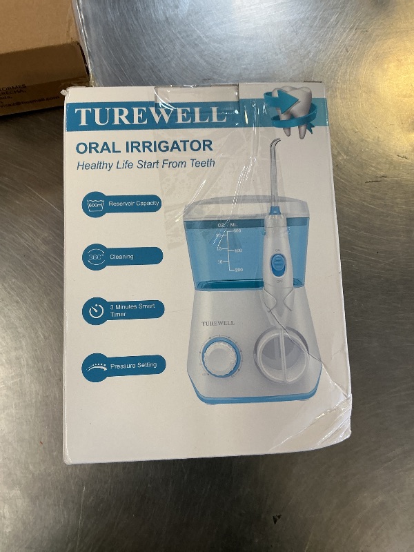 Photo 1 of TUREWELL Water Flossing Oral Irrigator, 600ML Dental Cleaner 10 Adjustable Pressure, Electric Oral Flosser for Teeth/Braces, 8 Replacement Jet Tips for Family (White)