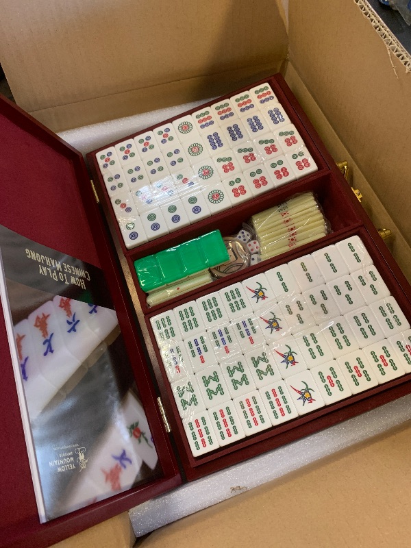 Photo 1 of Yellow Mountain Imports Classic Chinese Mahjong Game Set, Emerald with 148 Medium-Size Translucent Green Tiles and Wooden Case