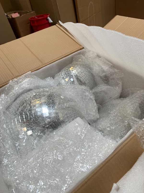 Photo 1 of Haull 8 Pcs Large Disco Ball Set Silver Mirror Disco Reflective Ball with Hanging Ring Party Ornament Decoration for Stage Club Ballroom Dance Hall Wedding Prom Props(12'', 8'', 6'', 4'')