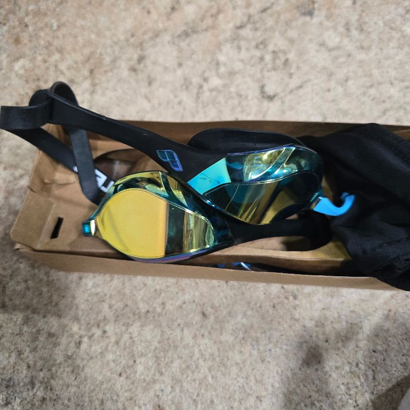 Photo 1 of **Broken** ARENA Unisex Cobra Edge Swipe Anti-Fog Racing Swim Goggles Men and Women Polycarbonate Mirror Lens Small Fit, Aqua/Black