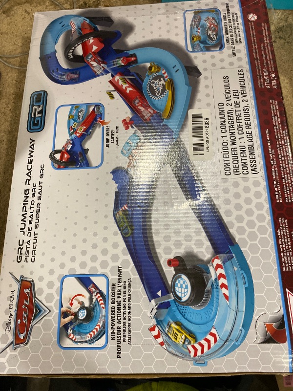Photo 1 of ?Mattel Disney and Pixar Cars Playset with 2 Toy Cars, Lightning McQueen & Francesco Bernoulli, GRC Jumping Raceway Track Set with Kid-Powered Booster