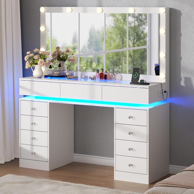 View 1 of ***STOCK PHOTO FOR REFERENCE ONLY***
USIKY 47.2" LARGE VANITY DESK WITH LIGHTED MIRROR, 14 LIGHTS, MAKEUP VANITY TABLE WITH 5 DRAWERS & CHARGING STATION
