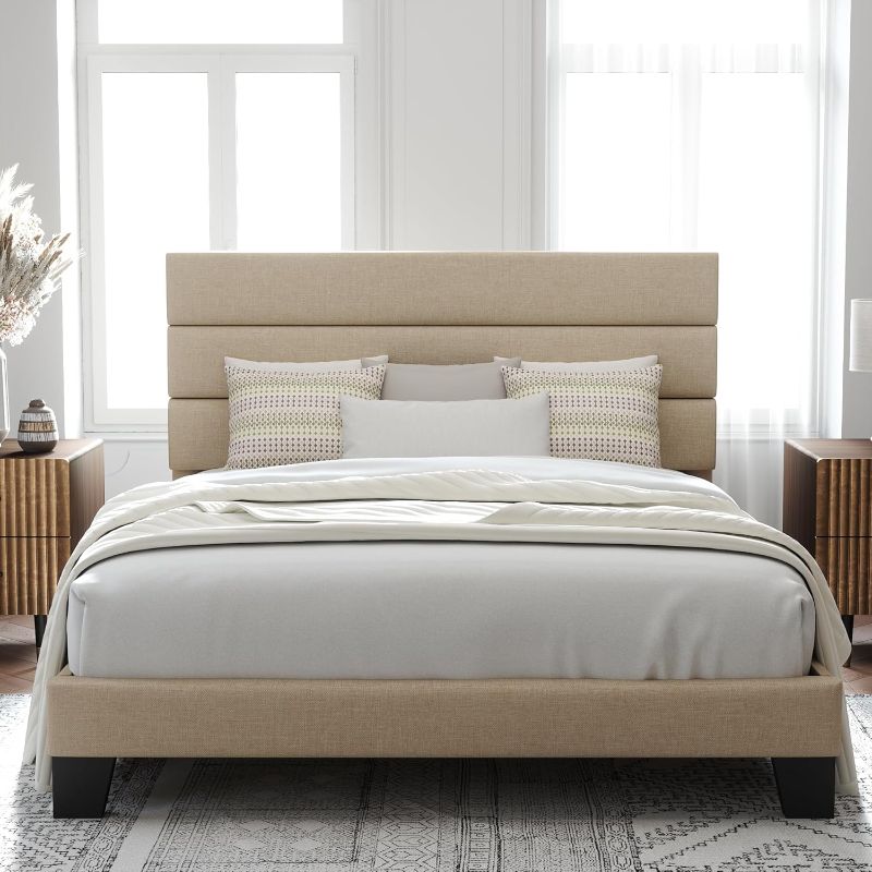 Photo 1 of **MISSING PIECES, PARTS ONLY**** Allewie Queen Size Platform Bed Frame with Fabric Upholstered Headboard and Wooden Slats Support, Fully Upholstered Mattress Foundation/No Box Spring Needed/Easy Assembly, Beige
