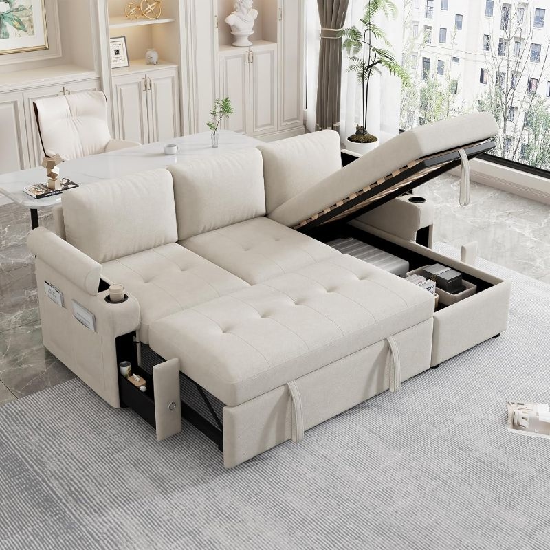 Photo 1 of *incomplete*!!! Eafurn 83.5" Sleeper Sectional Sofa with Pull Out Couch Bed, Convertible L-Shaped Sofa with Storage Chaise, Quick Assemble Sleeper Corner Sofa with Cup Holders & USB Ports