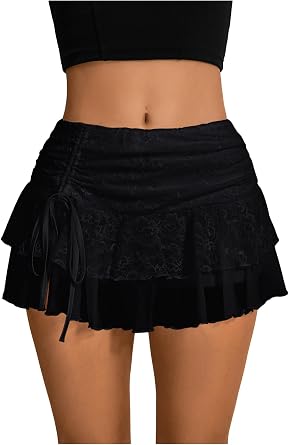 Photo 1 of 
Visit the Verdusa Store
Verdusa Women's Y2k Lace Ruffle Mini Skirt Mesh High Waist Layered Skirt Skort Boho Outfits Micro Shorts