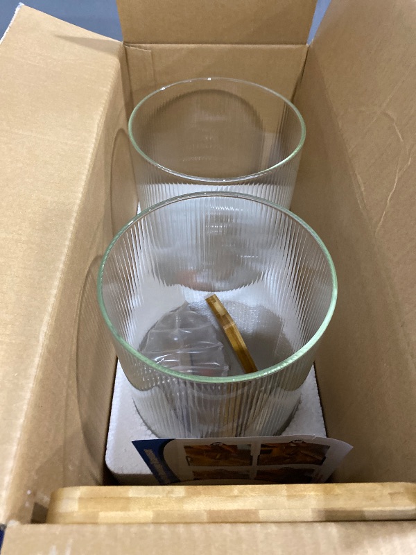 View 3 of 1.5 Gallon Glass Drink Dispensers for Parties, 2 PCS Beverage Dispenser With Wood Stand,Vertical Stripes Glass Lemonade Dispenser with Airtight Valve and Stainless Steel Spigot for Lemonade,Juice, Tea
