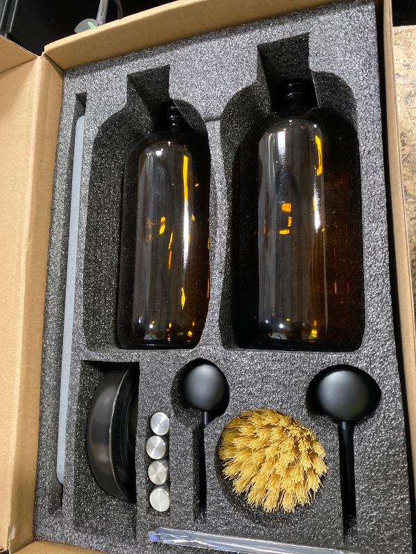 Photo 1 of [Luxury] Kitchen Soap Dispenser Set - 16OZ Amber Glass Bottle, Stainless Steel Pump, Instant Dry Tray, Waterproof Labels, Non-Slip Silicone Pad, and Dish Brush | Upgrade for Your Kitchen and Bathroom