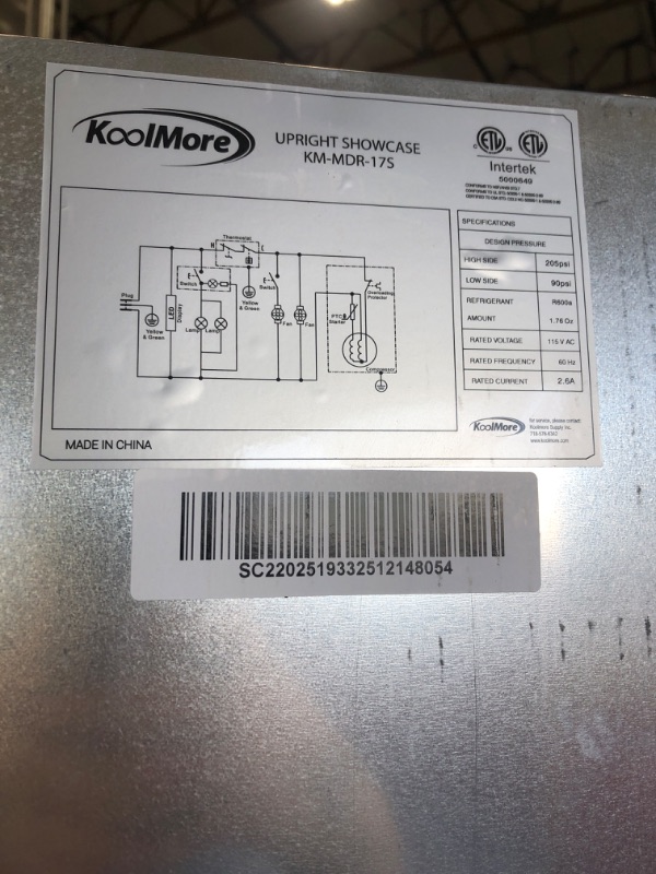 Photo 1 of *Damaged on one side*For Parts Only*KoolMore 17 in. Slim Commercial Merchandiser Display Refrigerator 7 Cu. Ft. in Black, ETL Listed (KM-MDR-17S)