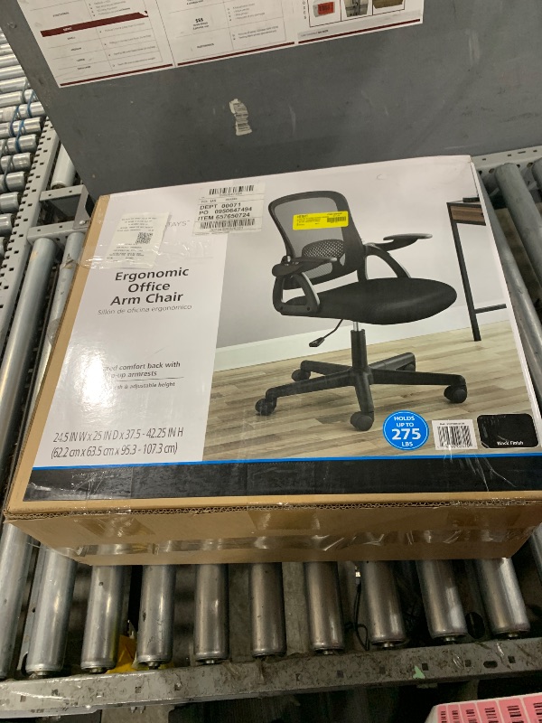 Photo 1 of **Missing the base. Missing hydraulic lift. missing all bolts**Mainstays Ergonomic Mesh Back Office Chair with Flip up Arms, Black Fabric, 275lb