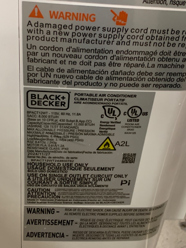 Photo 1 of **PARTS ONLY** BLACK+DECKER Portable Air Conditioner,14,000 BTU Cooling, 12,000 BTU Heating for Rooms up to 700 Sq. Ft., Smart AC Unit with Follow Me Remote, BPACT14HWT, White