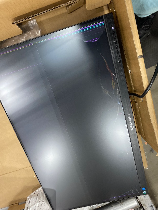 Photo 1 of **Broken Screen** Amazon Basics 24-inch Full HD IPS Monitor, 75 Hz, 1080P, HDMI, Display Port and VGA Input, Adjustable Stand, VESA Compatible, Built-in Speakers for Office and Home, Black