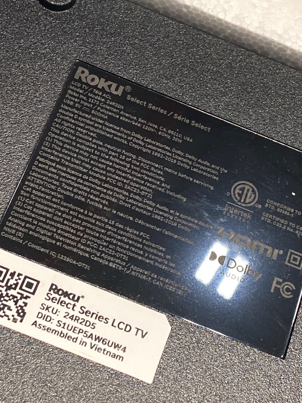 Photo 1 of ***DAMAGED POWER CORD**** Roku Smart TV – 24-Inch Select Series, 720p HD TV – Roku TV with Voice Remote – Flat Screen LED Television with Wi-Fi for Streaming Live Local News, Sports, Family Entertainment
