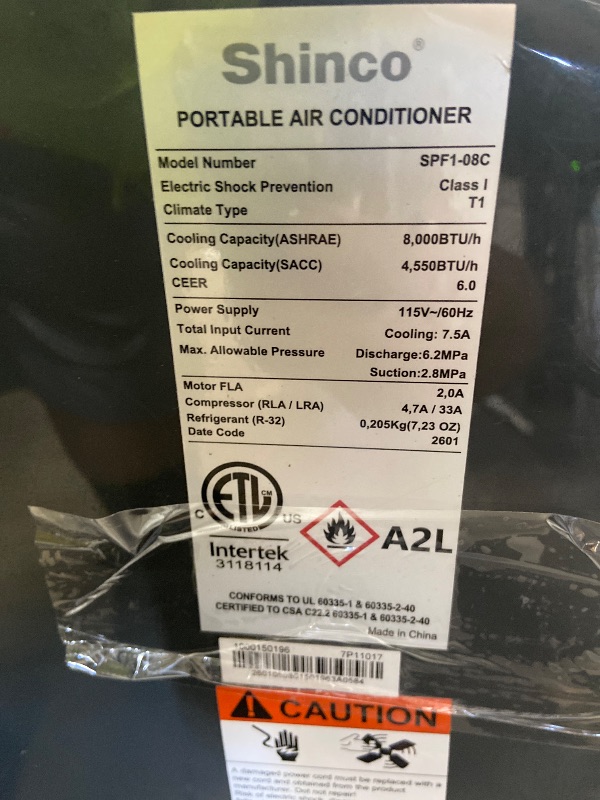 Photo 1 of ***NO ATTACHMENTS/ACCESSORIES*** Shinco 12,000 BTU Portable Air Conditioner
***ALLOW UPRIGHT FOR 24 Hrs BEFORE USE***