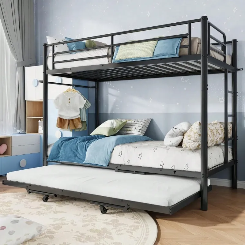 Photo 1 of **ONLY ONE BOX*** Jocoevol Triple Bunk Bed With Trundle, Twin Over Twin Bunk Bed For 3 Sleepers, Heavy-Duty Metal Frame With Full-Length Guardrail And Ladders, Family-Friendly Space-Saving Bed For Kids & Twin, White