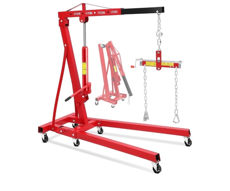Photo 1 of 2-Ton Folding Engine Hoist with Leveler, 4400 Lbs Capacity
Hydraulic Shop Crane with 6 Casters, Portable Foldable Cherry Picker for Garage, Workshop, Warehouse, Heavy-Duty, Red