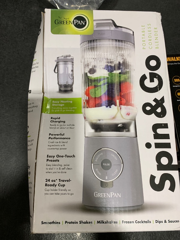 Photo 1 of PARTIAL SET, MISSING BOTTOM PIECE*************GreenPan Spin & Go Portable Blender, 24oz BPA-Free Cup, Self-Cleaning, Shakes Smoothies Juices, Crushed Ice & Frozen Fruits, Leakproof Lid, Fast Charge, Personal Handheld for Travel & Gym, Dove Gray