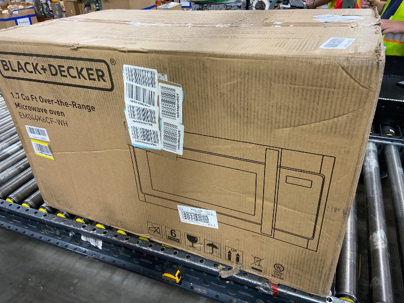 Photo 1 of BLACK+DECKER Over the Range Microwave Oven with Vent and One-Touch Auto Cooking, 1.7 cu. ft. OTR Over Stove Microwave, White, 1000 Watts, EM044K6CF-WH