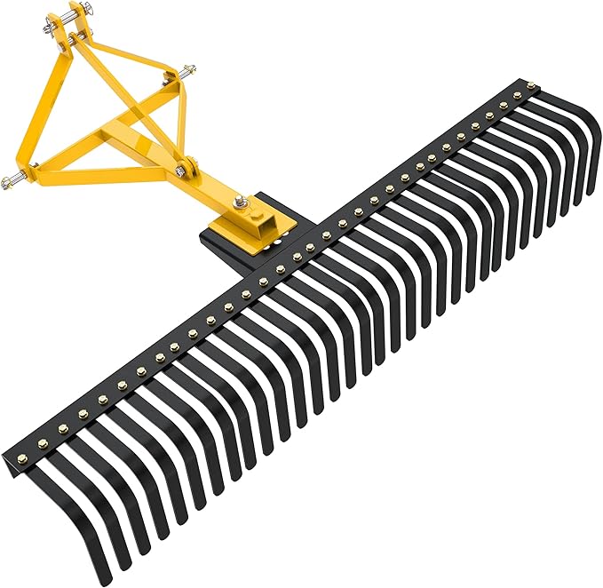 Photo 1 of YITAMOTOR 3 Point Landscape Rock Rake for Category 1, 5 FT Attach Tractor Rake with 360 Degree Rotation, Tow-Behind Lawn Garden Tool Attachment for Compact Tractors