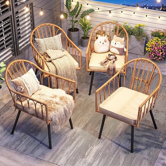 Photo 1 of YITAHOME 4 Pieces Rattan Wicker Dinning Chairs, Outdoor Indoor Patio Furniture Set with Cushion and Curved Back All Weather Bistro Chair for Garden Backyard Porch Poolside Restaurant (Beige)