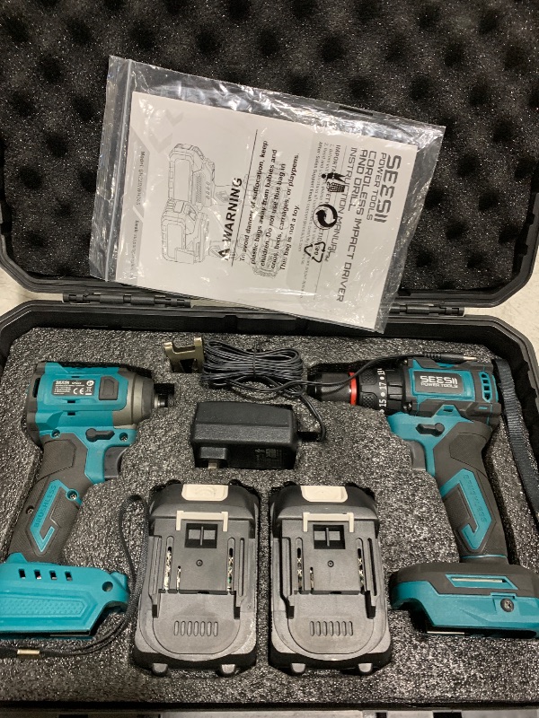 Photo 1 of SEESII 21V Max Cordless Drill and Impact Driver, Power Tool Combo Kit Included 3/8'' Drill & 1/4'' Impact Driver, 2x 4000mAh Battery, Fast Charger, 20 pcs Driver Bit Set & Bag