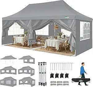 Photo 1 of COBIZI Canopy 10x20 Pop Up Canopy Party Tent with 6 Sidewalls, Waterproof Commercial Canopy Ez Outdoor Instant Gazebo UV Protection 50+ Event Shelter, Garden Tents for Parties with Sandbags, Grey