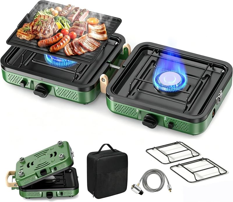 Photo 1 of 2 Burner Camping Stove, 20000 BTU Propane Camp Stove Portable Folding Gas Travel Stove Camping Essentials Gears Includes Grill,Carrying Bag, Adjustable Burners & Piezo Ignition for Tailgating,BBQ,Camp
