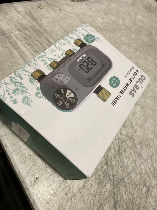 Photo 1 of QUOBAS Sprinkler Timer for Garden Hose with Child Lock, Programmable Brass Digital Water Timer 4 Zone for Drip Irrigation, Pool, with Rain Delay/Auto/Manual, Waterproof Screen & Battery Powered