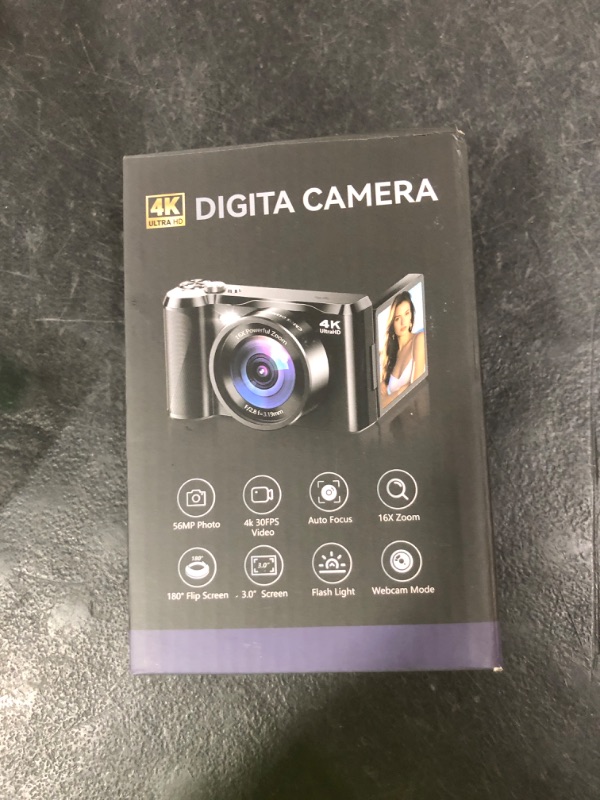 Photo 1 of 4K Digital Camera for Photography, 56MP Autofocus Vlogging Camera with 3" 180° Flip Screen, 16X Zoom, Compact Point and Shoot Camera for Beginners and Teens