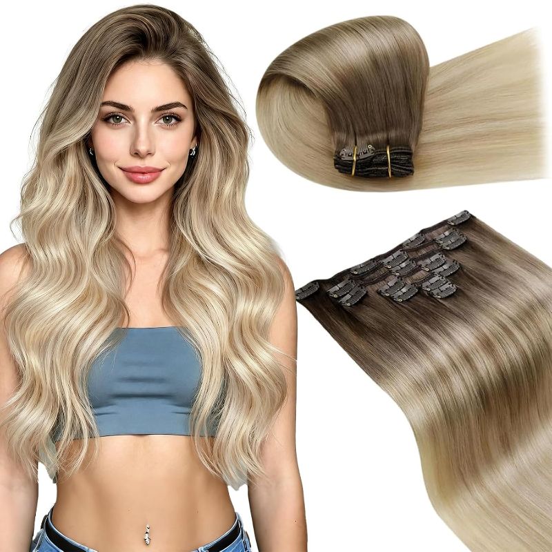 Photo 1 of LaaVoo Human Hair Clip in Extensions Light Brown Ombre Ash Blonde Mix Platinum Blonde Clip in Hair Extensions Real Human Hair 16 Inch 7pcs/120g