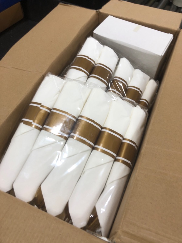 Photo 1 of KIRE 350Pcs Blue and Gold Plates -Heavy Duty Navy Blue Dinnerware Set - 100 Plastic Plates 50 Pre Rolled Napkins with Gold Plastic Silverware 50 Cups for Party/Graduation/Memorial Day/Father's Day