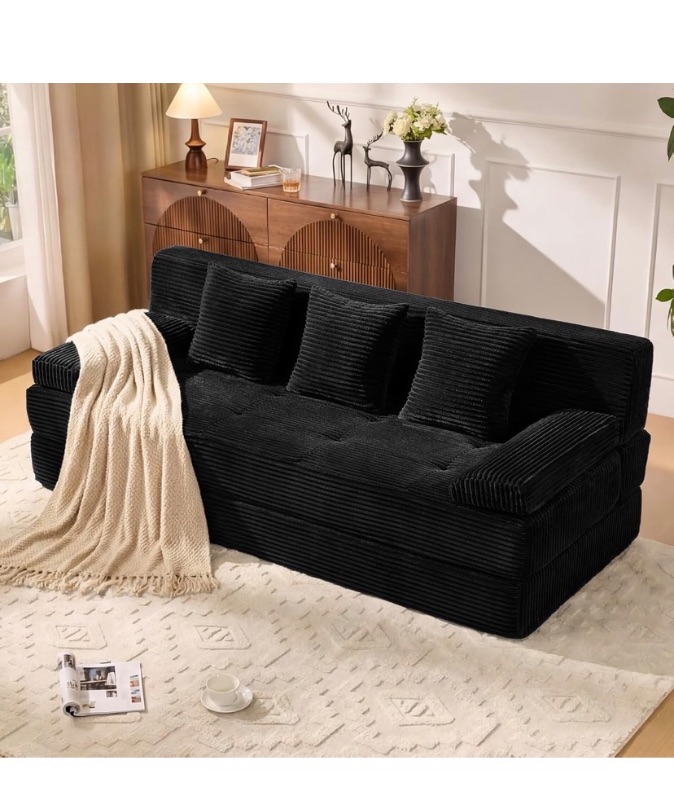 Photo 1 of 78.7IN Folding Sofa Bed - Convertible Sleeper Sofa Couch with Zippered Pillows, 3 Seater Couches Bed for Living Room, Bedroom, Apartment, No Assembly Required, Freestanding, Corduroy, Black