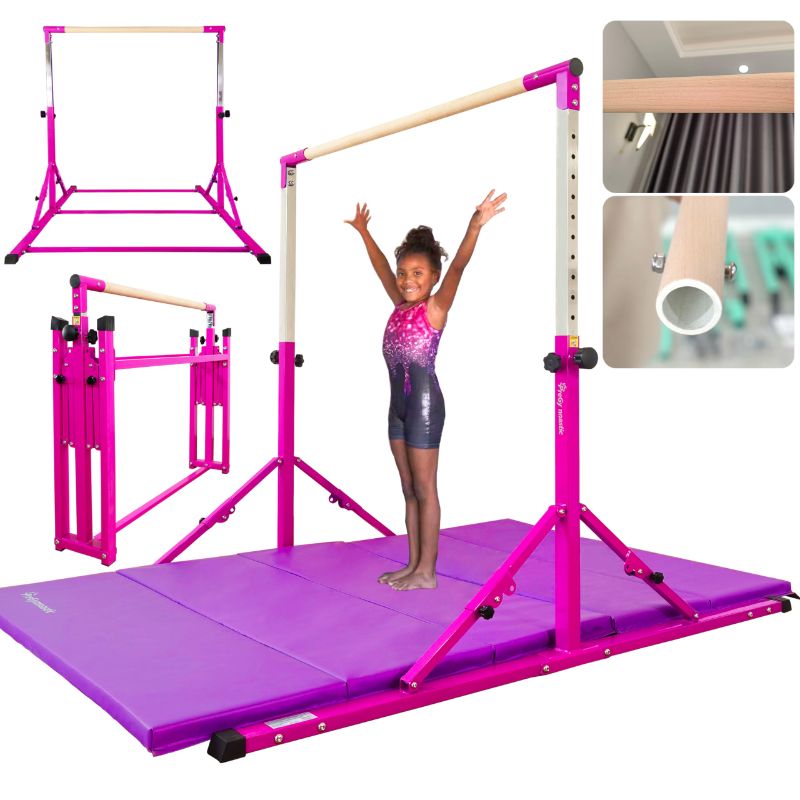 Photo 1 of PreGymnastic Foldable Gymnastics Bar, 6FT Horizontal Bars, Folding Training Bar for Kids Ages 3-18, Weight Limit 500 LB, Adjustable kip Bar,Home Gym Equipment Indoor(Foldable Bar with Mat,Purple-Mat)