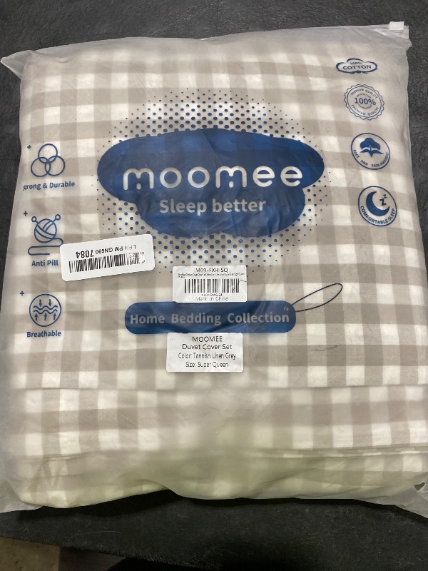 Photo 1 of MooMee Gingham Duvet Cover Set 100% Washed Cotton Linen Like Textured Breathable Durable Soft Comfy Modern Checkered Design (Tannish Linen Grey Gingham, Super Queen 90"x98")