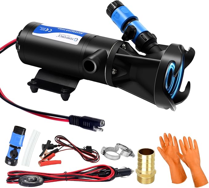View 1 of RV Macerator Pump 12V, 12 GPM Portable RV Sewer Pump with 10 FT Lift, Self-Priming Waste Transfer Pump with Anti-Clog Blades, Quick-Release Flush Valve, Fits Standard 3" RV Outlet