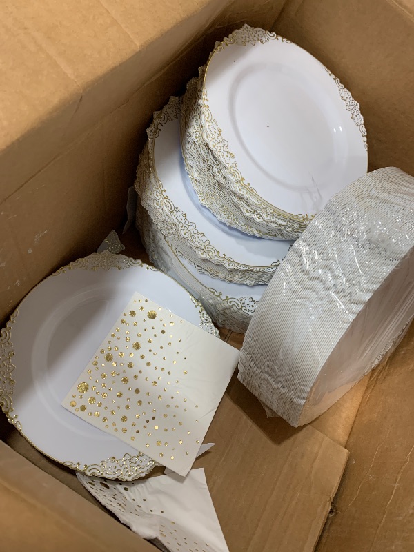 View 2 of (missing few) Bestluck 100Pcs White & Gold Plastic Plates for 100 Guests
