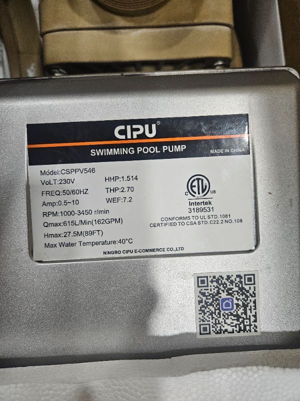 Photo 1 of *** PARTS ONLY *** CIPU Variable Speed Pool Pump 3HP High Performance with Intelligent Control Easy operation and Energy Saving for All-Weather Clean Swimming Pools Water Filter System Replacement 230V Khaki