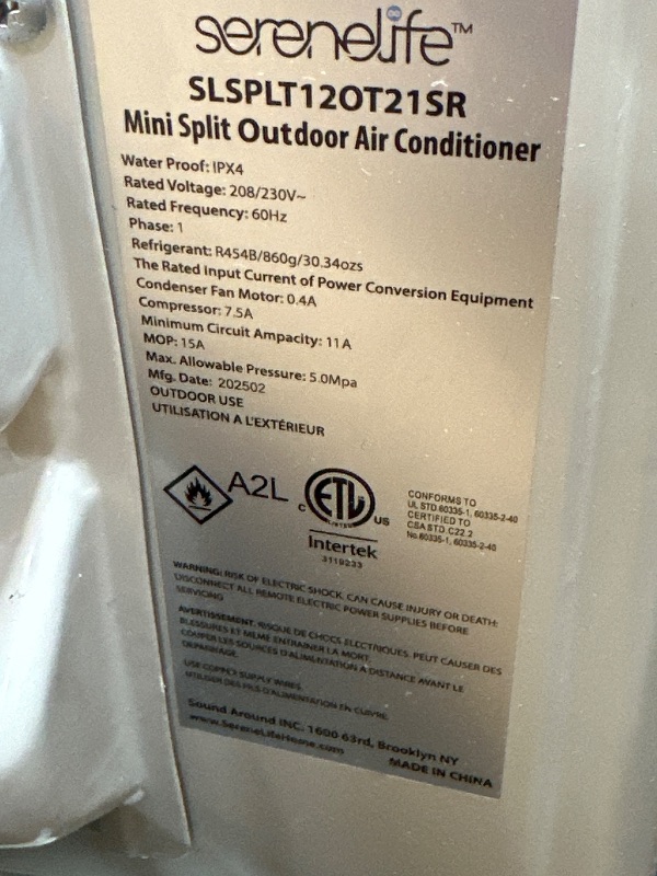 Photo 1 of *** PARTIAL SET *** SereneLife 12,000 BTU Mini Split Air Conditioner & Heat Pump 110/120V Indoor & Outdoor Wall-Mounted Units 20 SEER2 with WiFi, Installation Kit Included