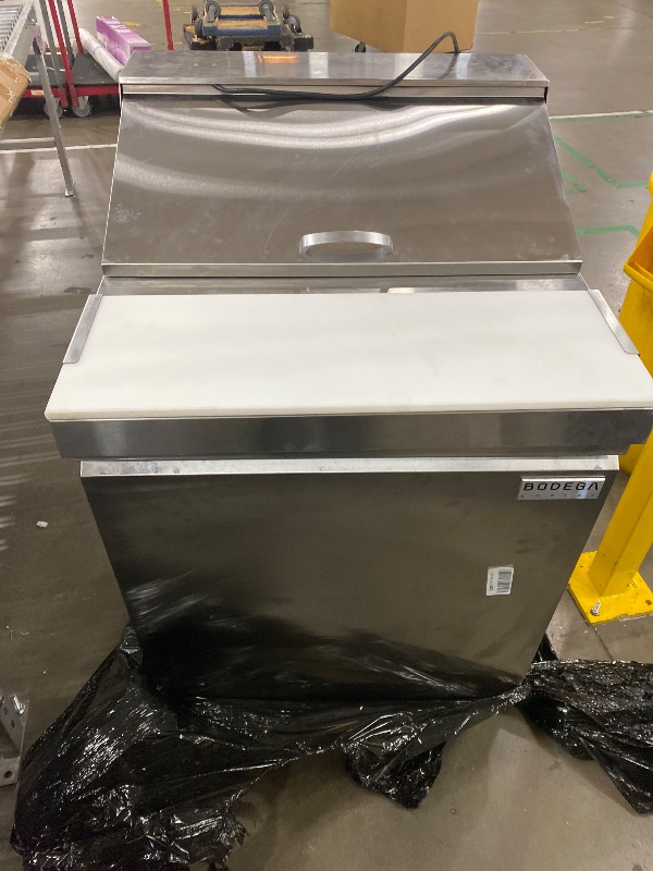 Photo 1 of **FOR PARTS ONLY** BODEGACOOLER 27" W Sandwich Prep Table Refrigerator, 8.03 Cu.Ft Pizza Prep Table, Commercial Salad Bar with Single Stainless Steel Door, 8*1/6 Pans, Cutting Board for Restaurant,Home,Cafe,Bakery