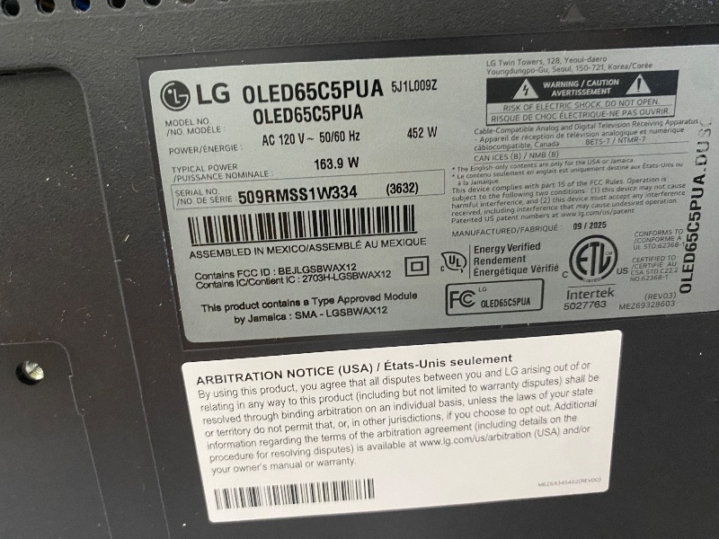 Photo 1 of ***DAMAGED, PARTS ONLY*** LG 65-Inch Class OLED evo AI 4K C5 Series Smart TV w/Dolby Atmos, Dolby Vision, HDR10, AI Super Upscaling 4K, Filmmaker Mode, Wow Orchestra, Alexa Built-in (OLED65C5PUA, 2025)