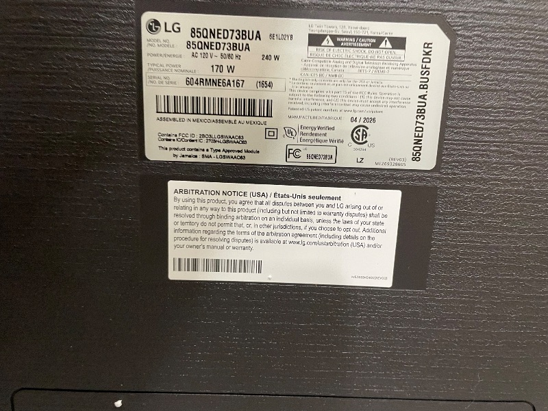 Photo 1 of ***DAMAGED PARTS ONLY***LG Amazon Exclusive 85-Inch Class QNED AI 4K QNED73B Series Mini LED Smart TV w/AI Sound Pro, HDR10, AI 4K Super Upscaling, Filmmaker Mode, Wow Orchestra, Compatible with Alexa (85QNED73BUA, 2026)