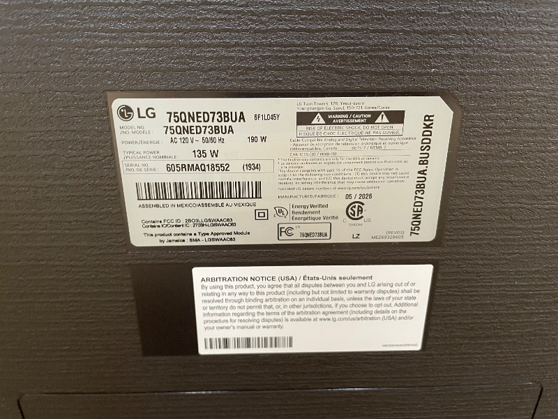 Photo 1 of ***DAMAGED, PARTS ONLY ***LG Amazon Exclusive 75-Inch Class QNED AI 4K QNED73 Series Mini LED Smart TV w/AI Sound Pro, HDR10, AI 4K Super Upscaling, Filmmaker Mode, Wow Orchestra, Compatible with Alexa (75QNED73BUA, 2026)