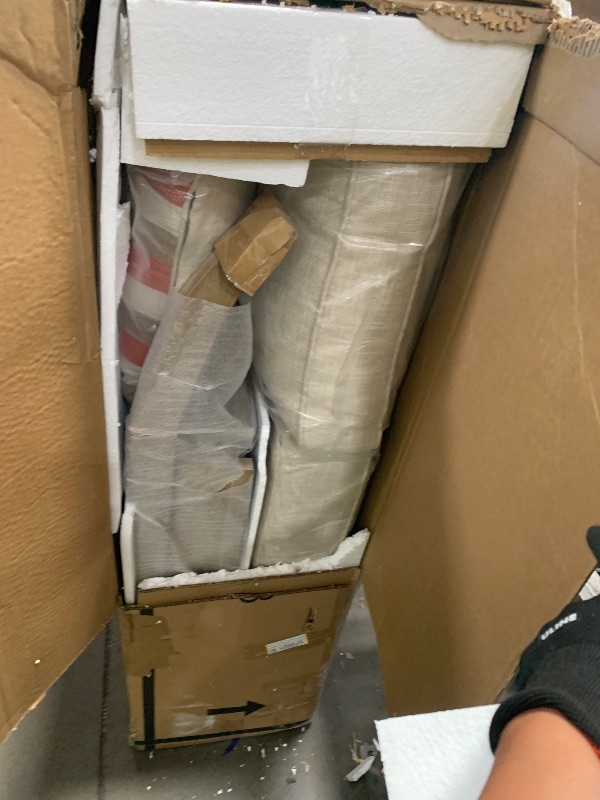 Photo 1 of ***MISSING PARTS***Signature Design by Ashley Clare View Outdoor Patio Sofa, 4 Throw Pillows, Nuvella Weather Resistant Fabric, Eucalyptus Wood, 81" W x 35" D x 32" H, Beige